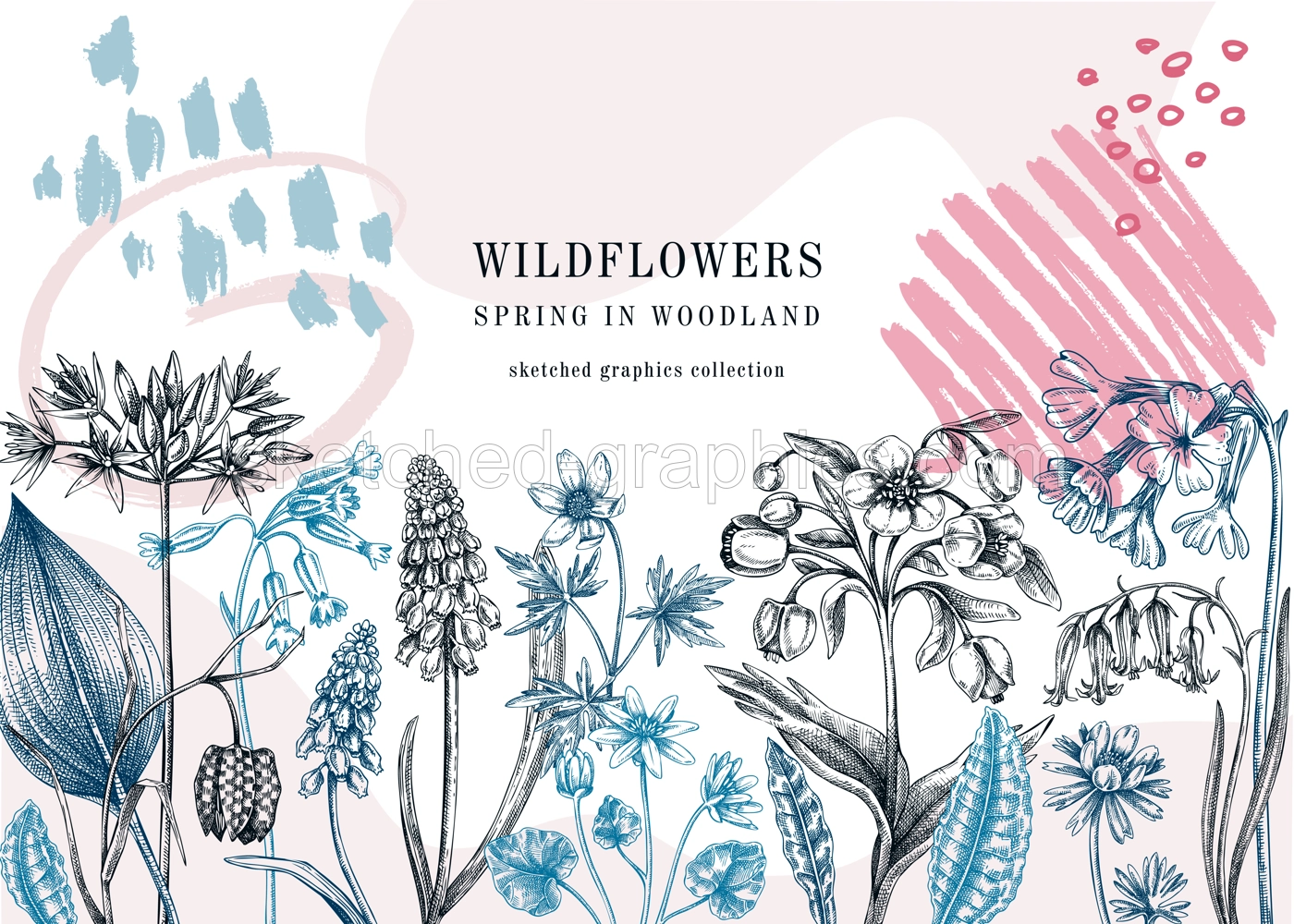 Collage style spring banner with meadows and wildflowers. Floral frame with woodland plants, flowers sketches, abstract elements.  Trendy botanical design template. Easter background Illustration
